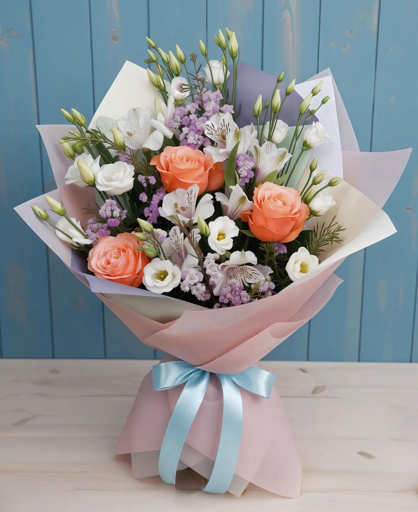 Букет цветов из: Лизиантусы, Розы, Альстромерии и Гипсофила в Нижнем Новгороде