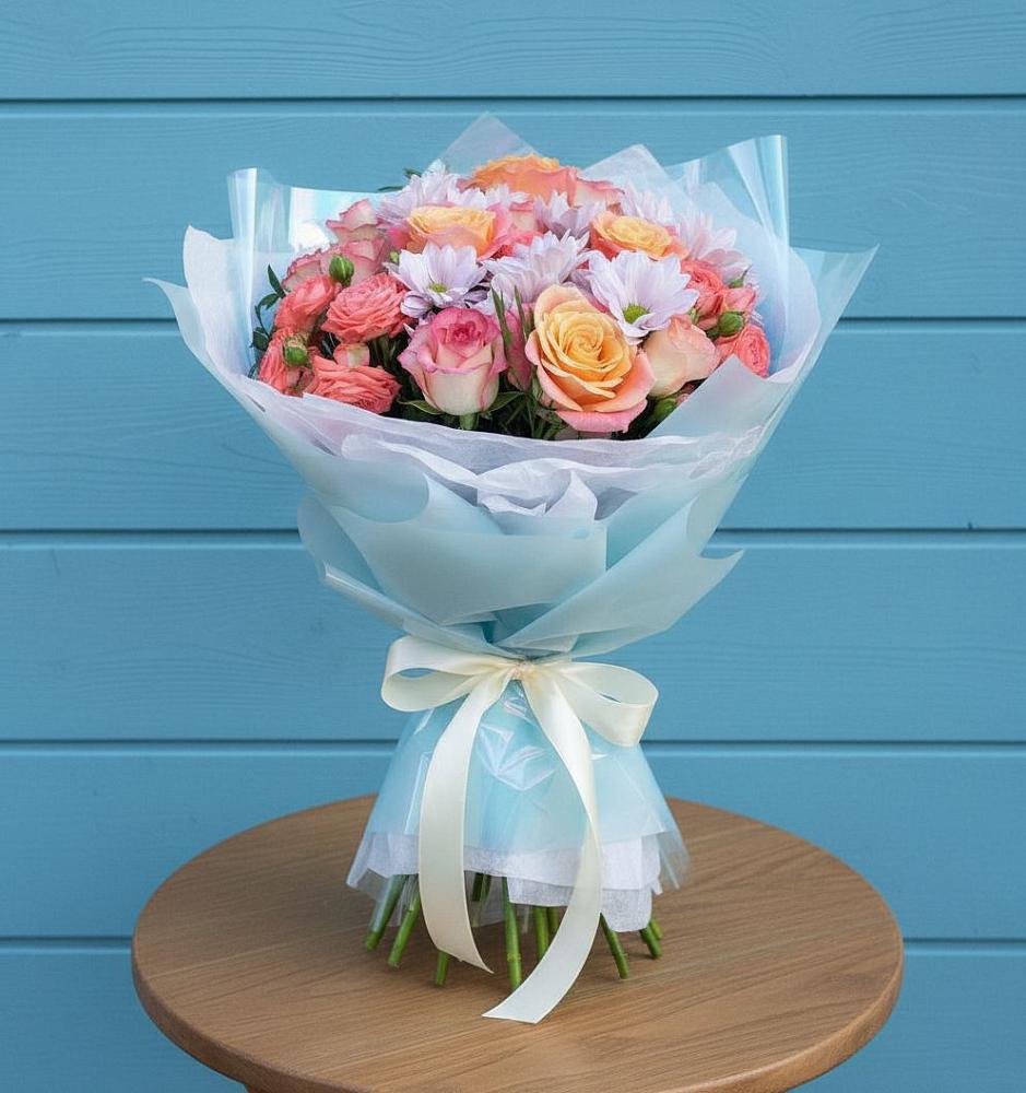 Букет Счастливые мгновение в Нижнем Новгороде Букет цветов из: Хризантемы и Розы в Нижнем Новгороде